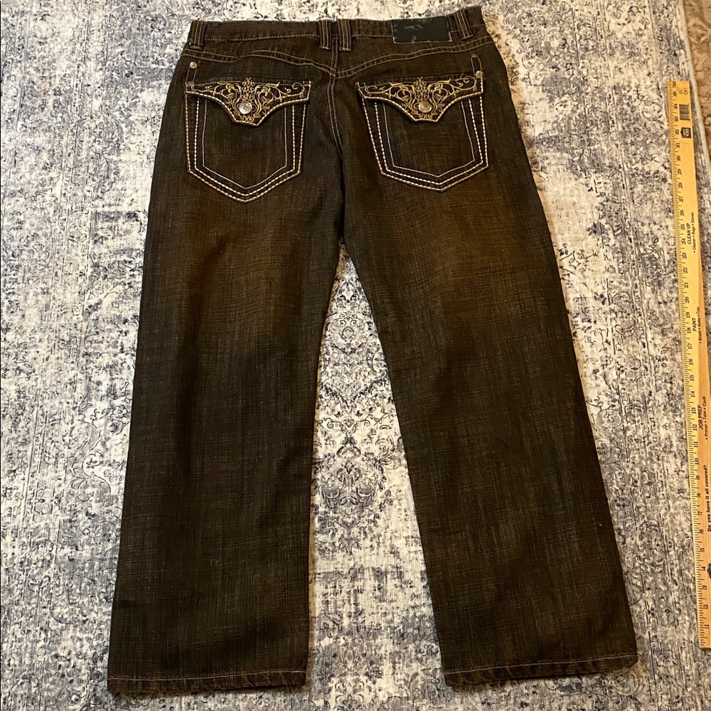 Delf Jeans Mens 40 x 30 Black brown Embroidered Contrast Stitch Straight vintage